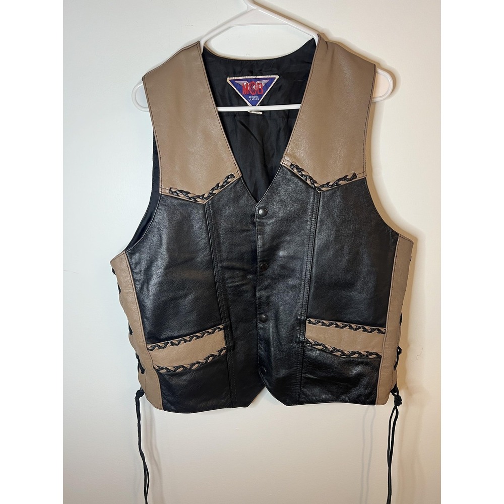 MOB Genuine‎ Leather Vest Men Lg Black Tan Biker Snap Front Side Lace Pockets